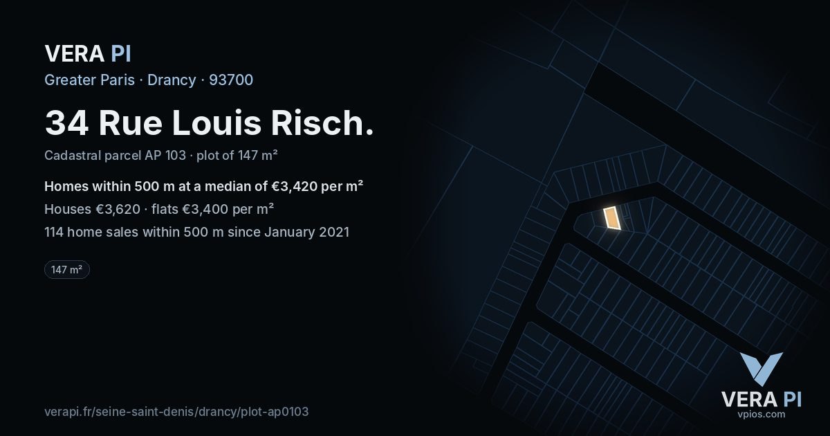 34 Rue Louis Risch, Drancy at night – the plot lit, the parcels around coloured by the prices near them