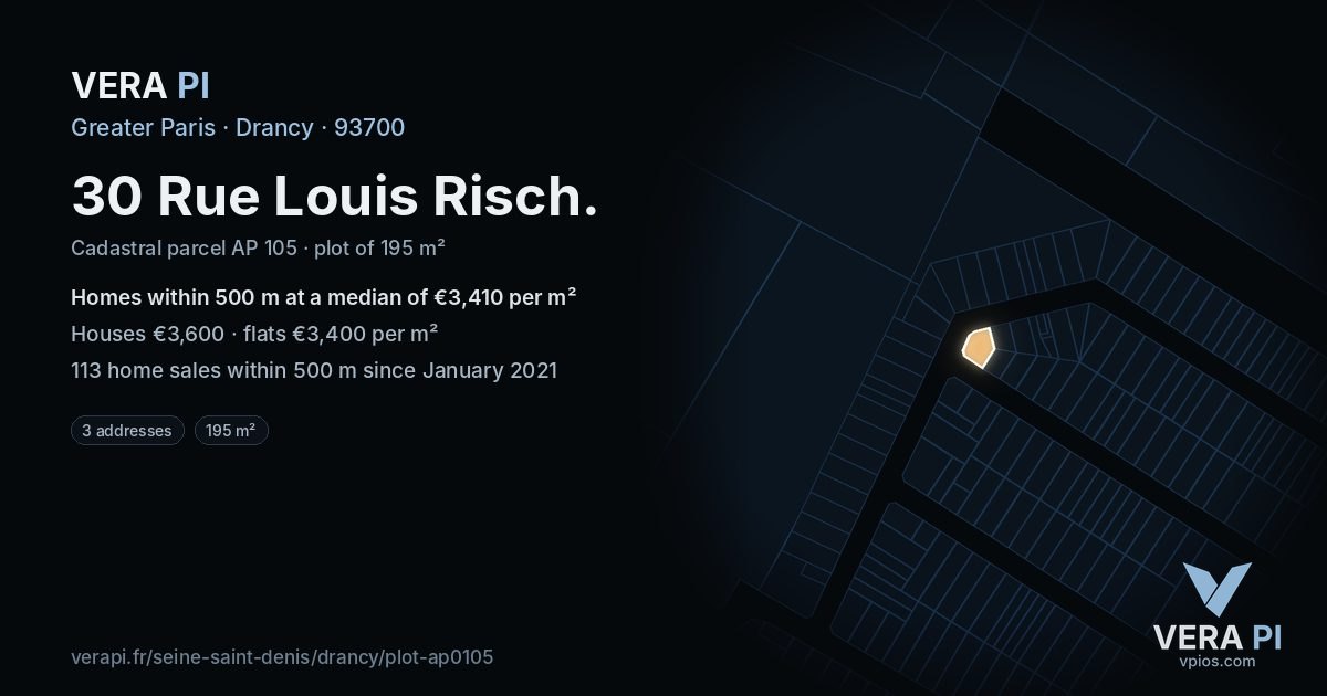 30 Rue Louis Risch, Drancy at night – the plot lit, the parcels around coloured by the prices near them