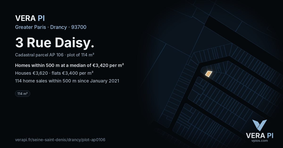 3 Rue Daisy, Drancy at night – the plot lit, the parcels around coloured by the prices near them