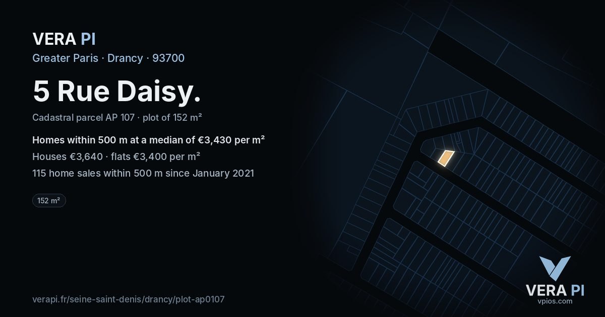 5 Rue Daisy, Drancy at night – the plot lit, the parcels around coloured by the prices near them
