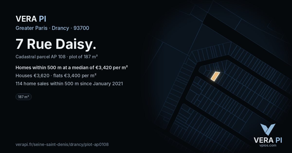 7 Rue Daisy, Drancy at night – the plot lit, the parcels around coloured by the prices near them