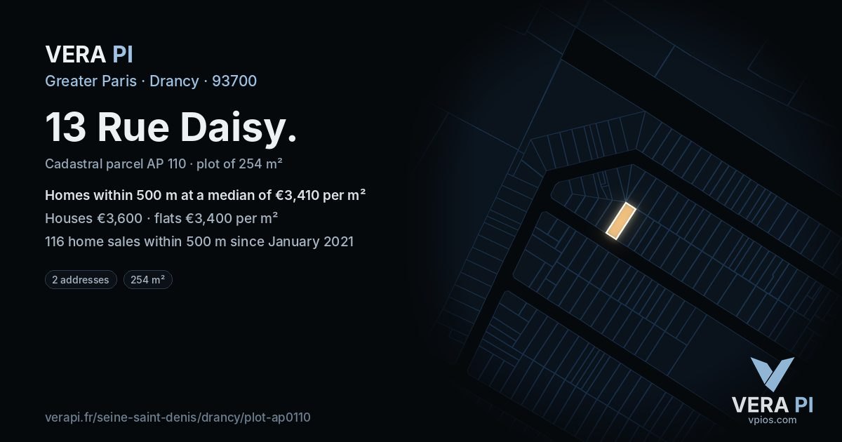 13 Rue Daisy, Drancy at night – the plot lit, the parcels around coloured by the prices near them