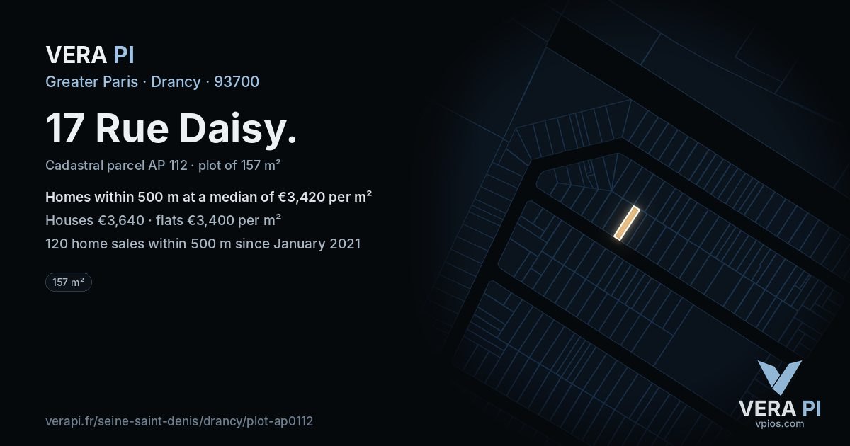 17 Rue Daisy, Drancy at night – the plot lit, the parcels around coloured by the prices near them