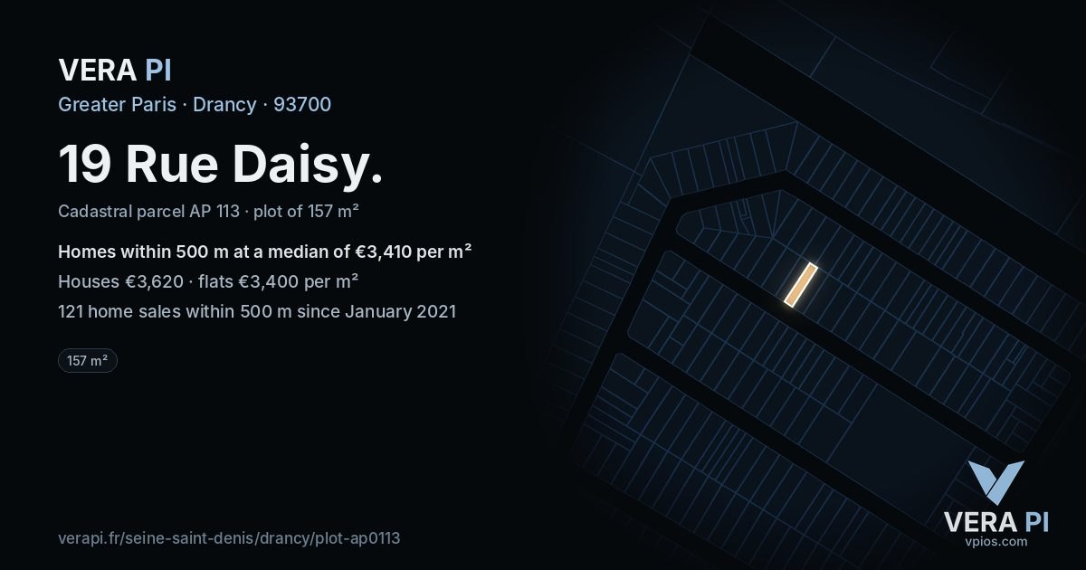 19 Rue Daisy, Drancy at night – the plot lit, the parcels around coloured by the prices near them