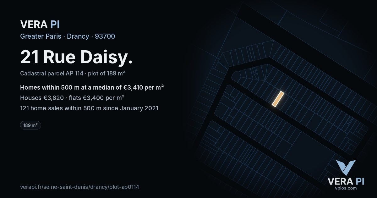 21 Rue Daisy, Drancy at night – the plot lit, the parcels around coloured by the prices near them