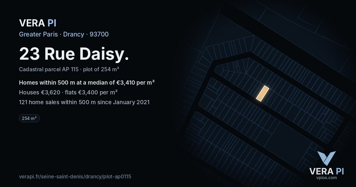 23 Rue Daisy, Drancy at night – the plot lit, the parcels around coloured by the prices near them
