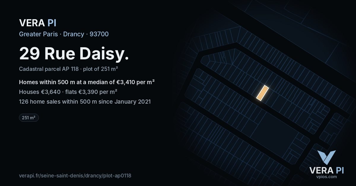 29 Rue Daisy, Drancy at night – the plot lit, the parcels around coloured by the prices near them