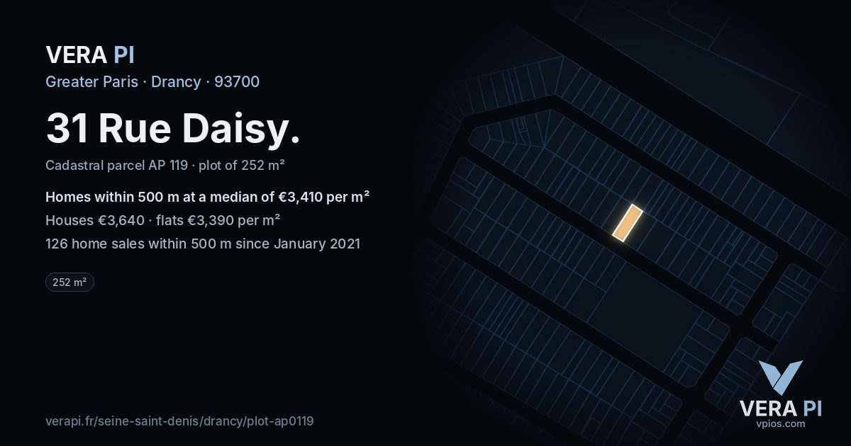 31 Rue Daisy, Drancy at night – the plot lit, the parcels around coloured by the prices near them