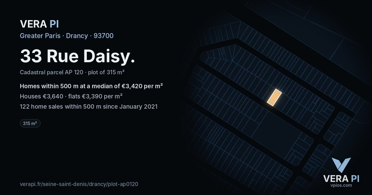 33 Rue Daisy, Drancy at night – the plot lit, the parcels around coloured by the prices near them