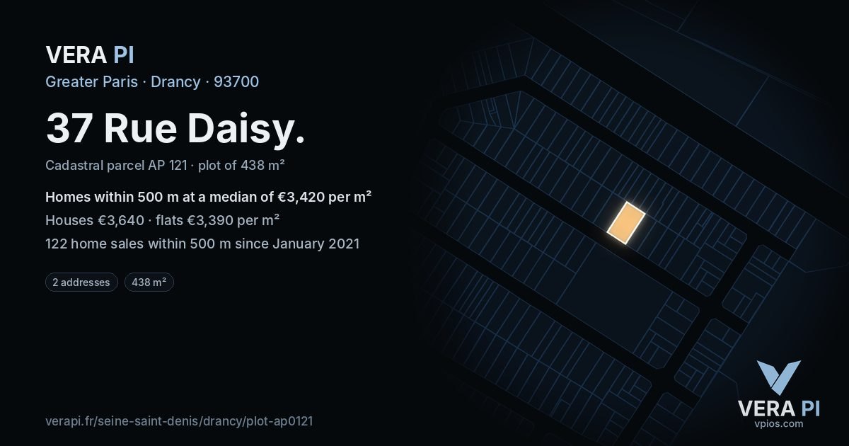 37 Rue Daisy, Drancy at night – the plot lit, the parcels around coloured by the prices near them