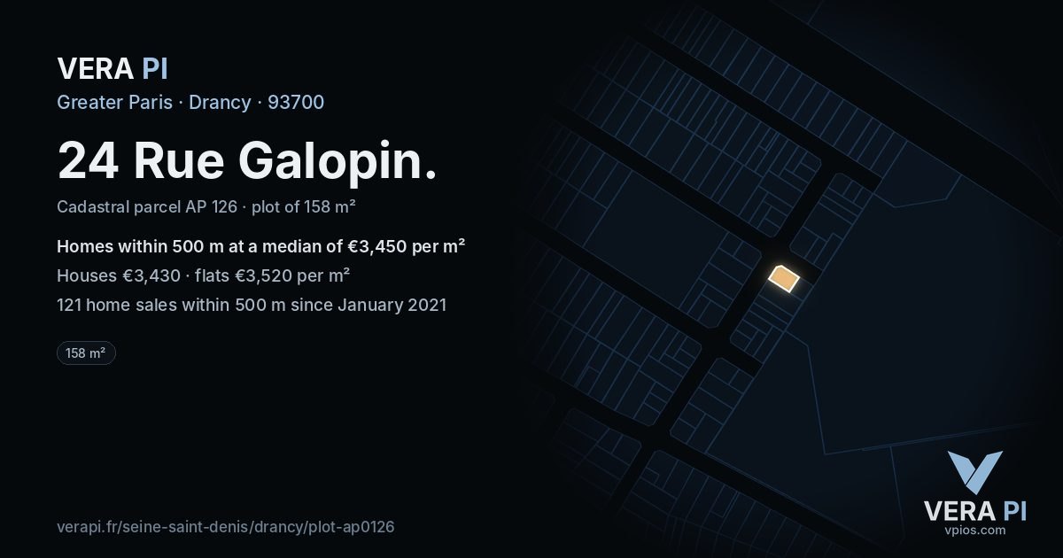24 Rue Galopin, Drancy at night – the plot lit, the parcels around coloured by the prices near them