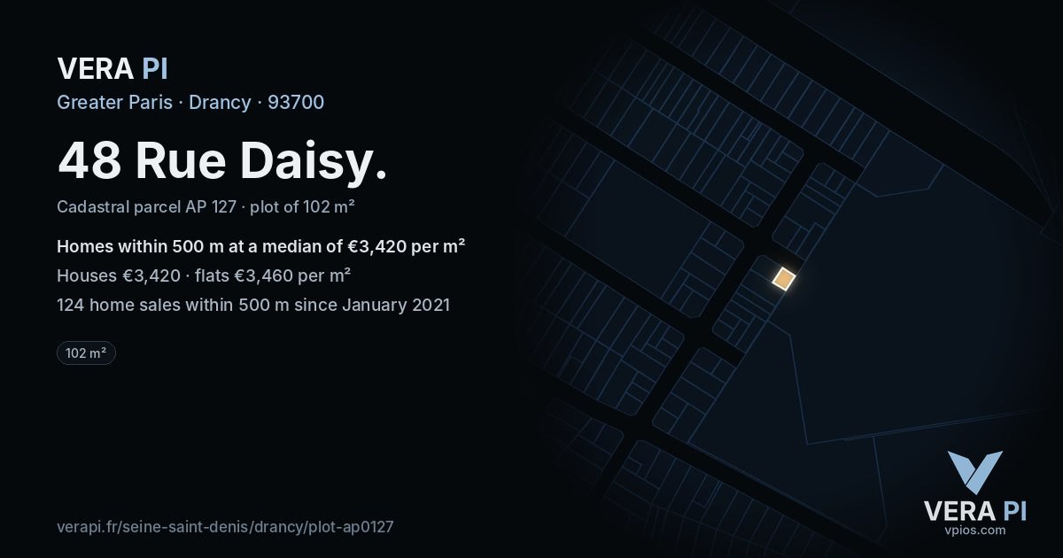 48 Rue Daisy, Drancy at night – the plot lit, the parcels around coloured by the prices near them