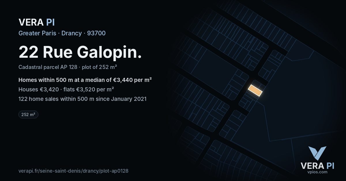 22 Rue Galopin, Drancy at night – the plot lit, the parcels around coloured by the prices near them