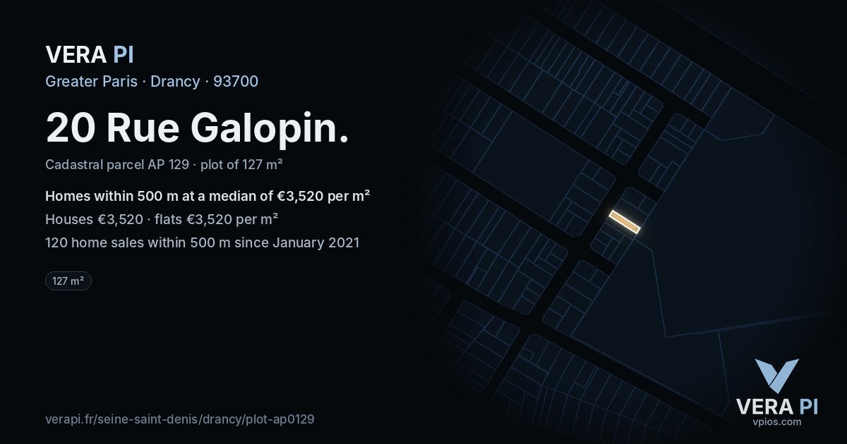 20 Rue Galopin, Drancy at night – the plot lit, the parcels around coloured by the prices near them