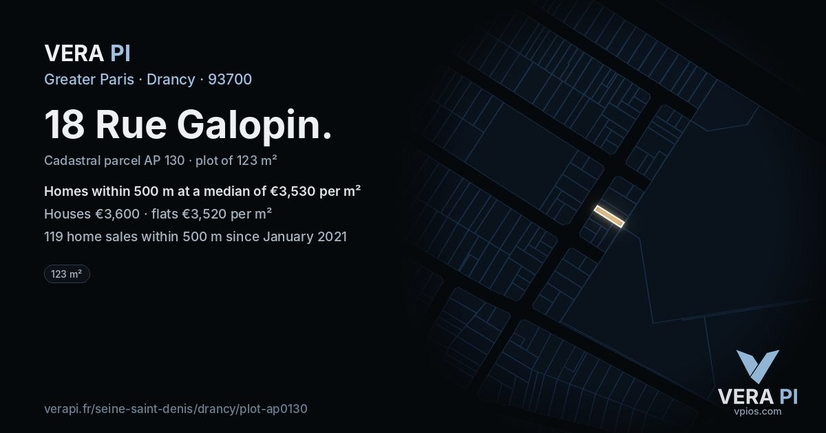 18 Rue Galopin, Drancy at night – the plot lit, the parcels around coloured by the prices near them