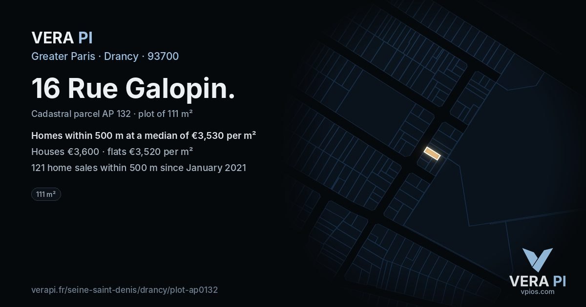 16 Rue Galopin, Drancy at night – the plot lit, the parcels around coloured by the prices near them