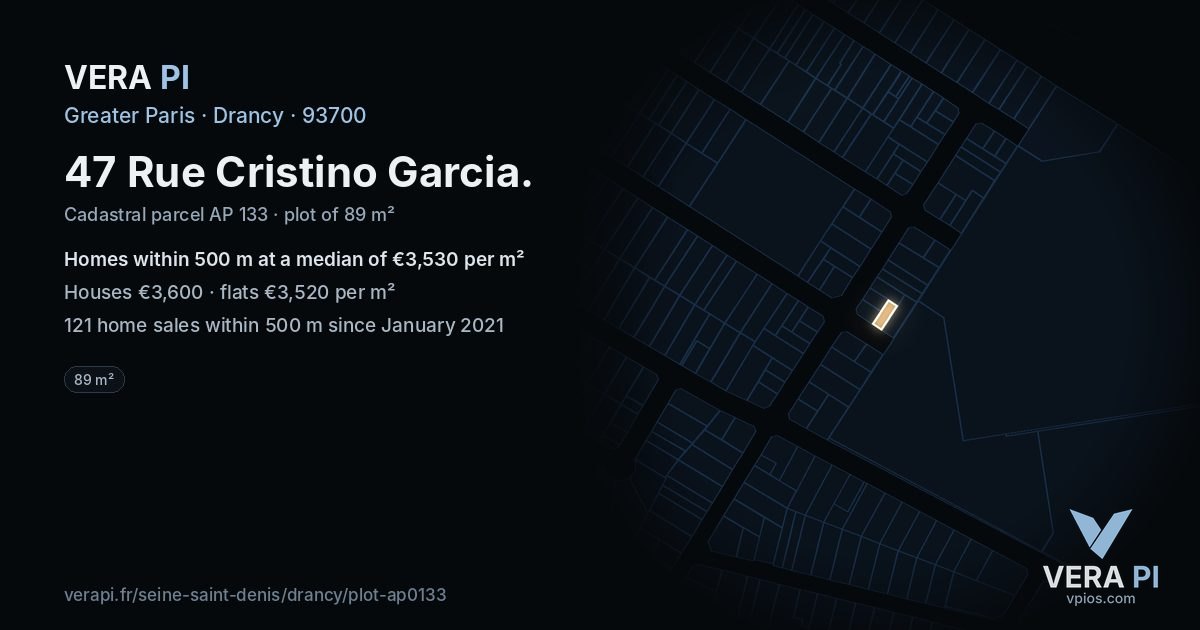 47 Rue Cristino Garcia, Drancy at night – the plot lit, the parcels around coloured by the prices near them