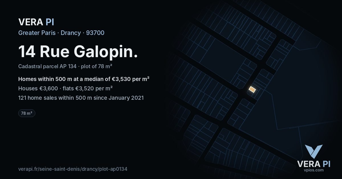 14 Rue Galopin, Drancy at night – the plot lit, the parcels around coloured by the prices near them