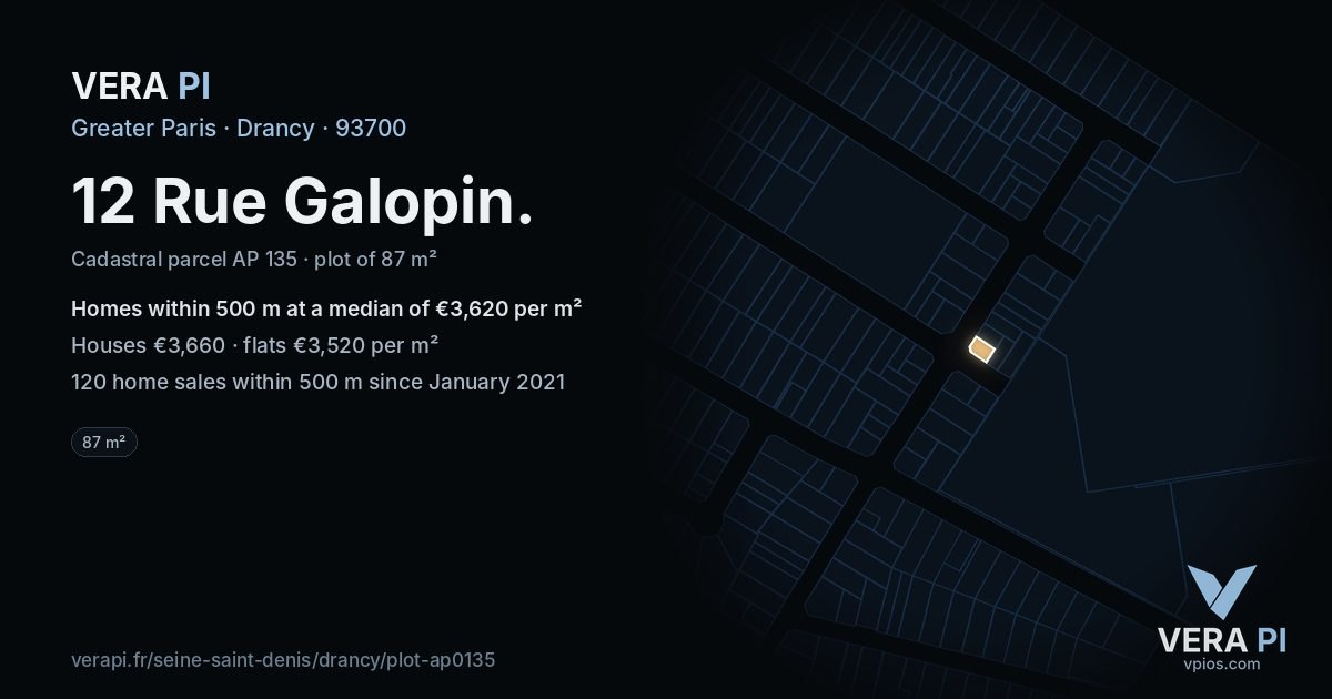 12 Rue Galopin, Drancy at night – the plot lit, the parcels around coloured by the prices near them