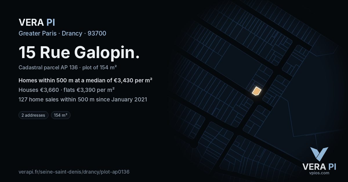 15 Rue Galopin, Drancy at night – the plot lit, the parcels around coloured by the prices near them