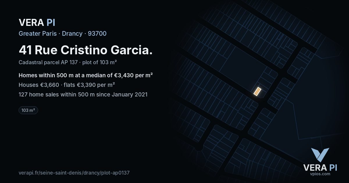 41 Rue Cristino Garcia, Drancy at night – the plot lit, the parcels around coloured by the prices near them