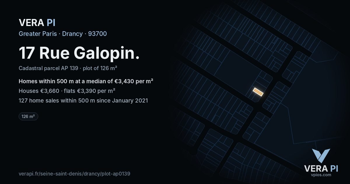 17 Rue Galopin, Drancy at night – the plot lit, the parcels around coloured by the prices near them