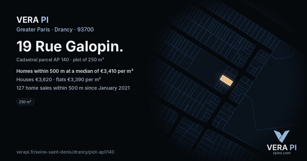 19 Rue Galopin, Drancy at night – the plot lit, the parcels around coloured by the prices near them