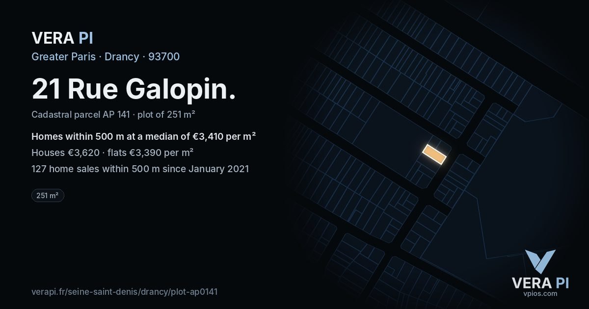 21 Rue Galopin, Drancy at night – the plot lit, the parcels around coloured by the prices near them