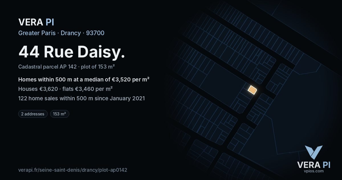44 Rue Daisy, Drancy at night – the plot lit, the parcels around coloured by the prices near them