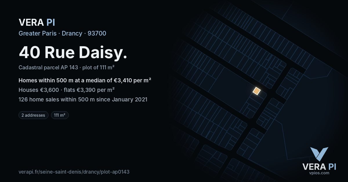 40 Rue Daisy, Drancy at night – the plot lit, the parcels around coloured by the prices near them