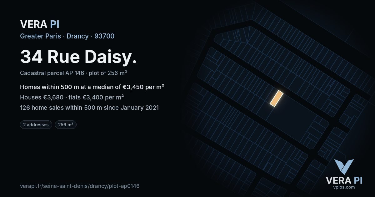 34 Rue Daisy, Drancy at night – the plot lit, the parcels around coloured by the prices near them