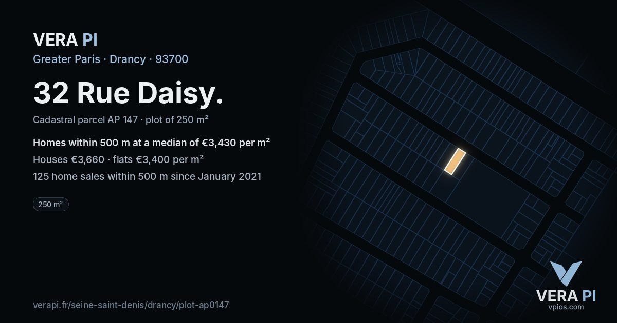32 Rue Daisy, Drancy at night – the plot lit, the parcels around coloured by the prices near them