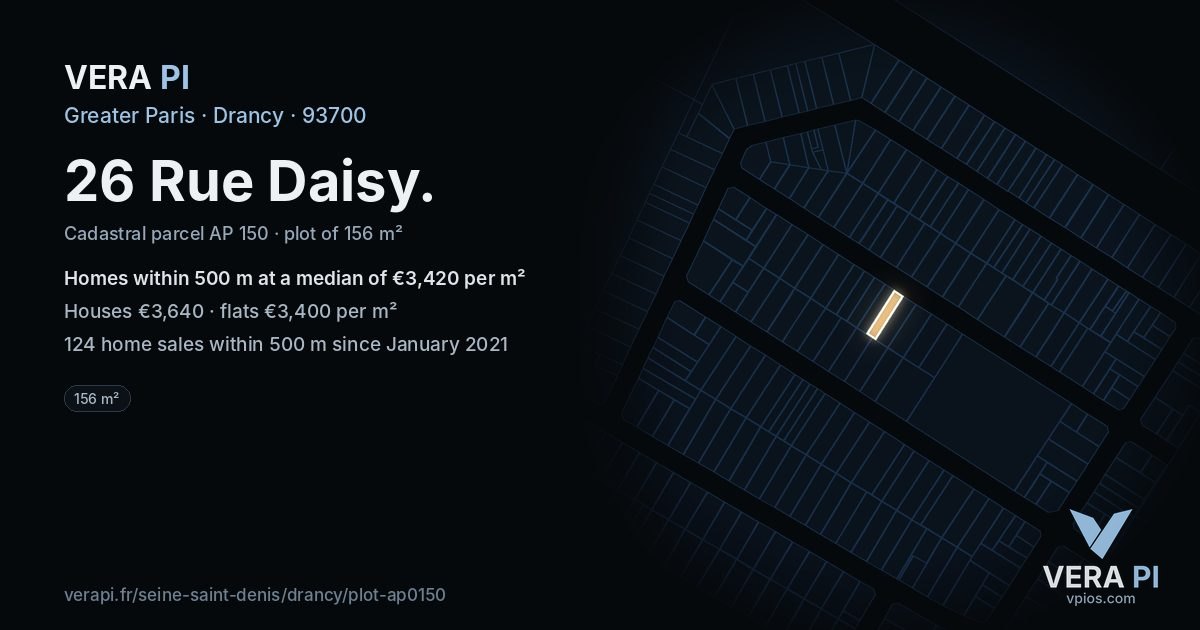 26 Rue Daisy, Drancy at night – the plot lit, the parcels around coloured by the prices near them
