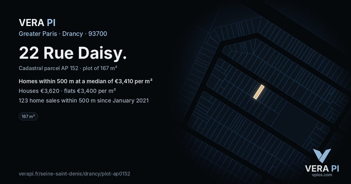 22 Rue Daisy, Drancy at night – the plot lit, the parcels around coloured by the prices near them