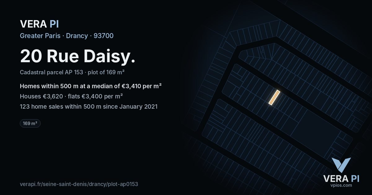 20 Rue Daisy, Drancy at night – the plot lit, the parcels around coloured by the prices near them