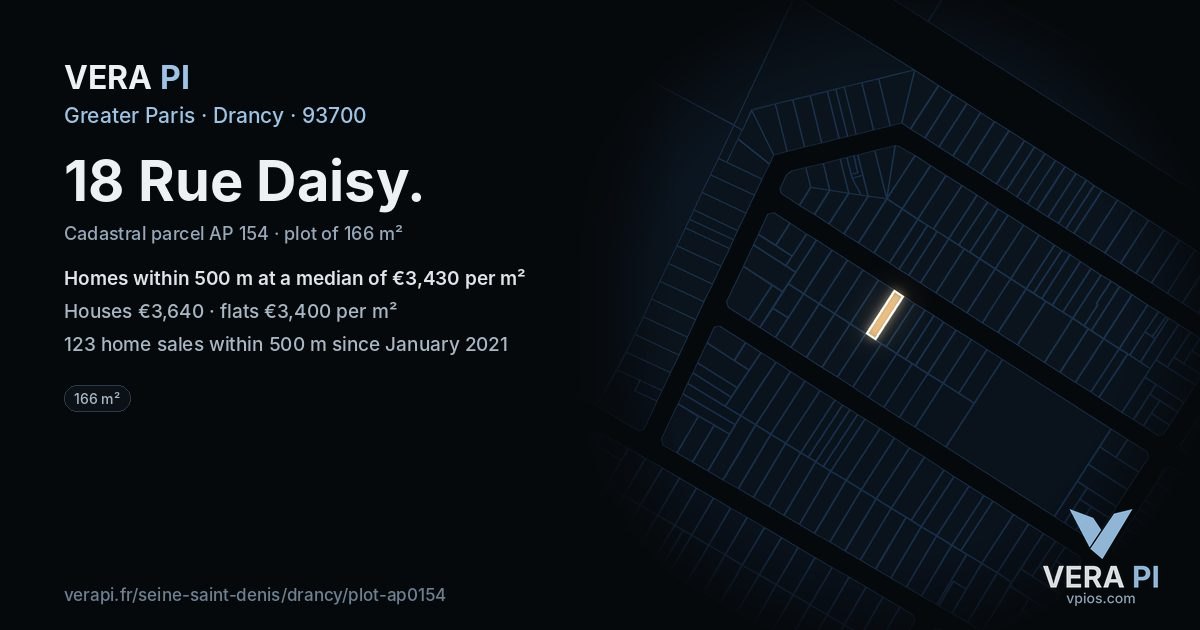18 Rue Daisy, Drancy at night – the plot lit, the parcels around coloured by the prices near them