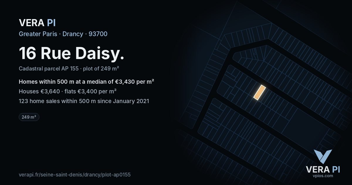 16 Rue Daisy, Drancy at night – the plot lit, the parcels around coloured by the prices near them