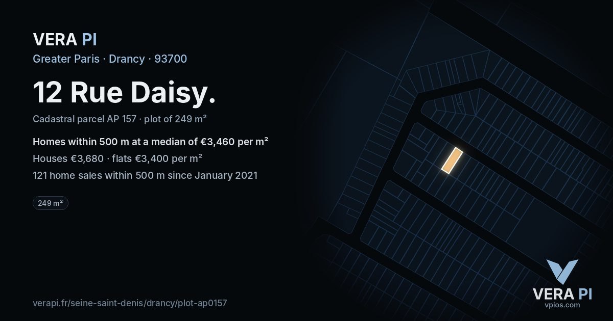 12 Rue Daisy, Drancy at night – the plot lit, the parcels around coloured by the prices near them