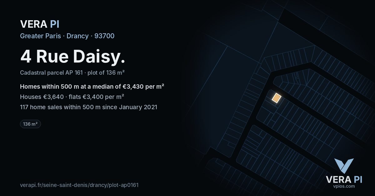 4 Rue Daisy, Drancy at night – the plot lit, the parcels around coloured by the prices near them