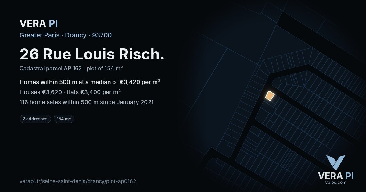 26 Rue Louis Risch, Drancy at night – the plot lit, the parcels around coloured by the prices near them