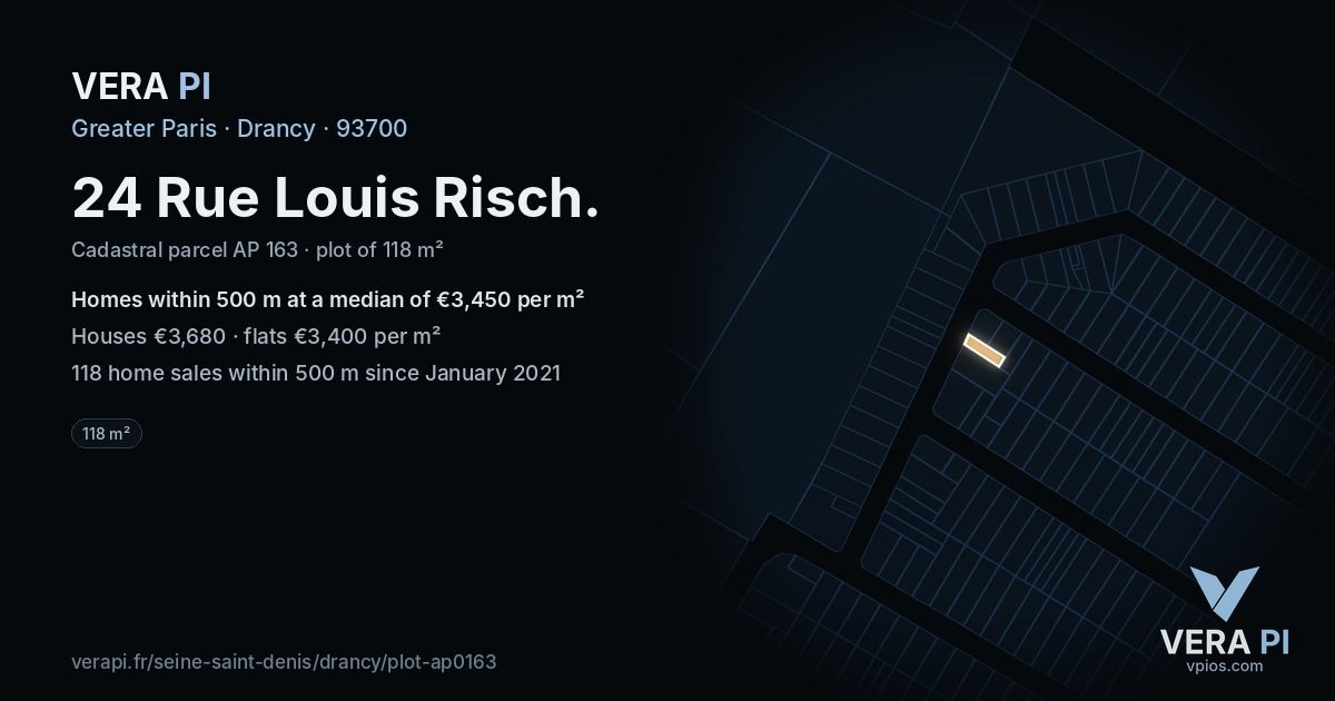 24 Rue Louis Risch, Drancy at night – the plot lit, the parcels around coloured by the prices near them
