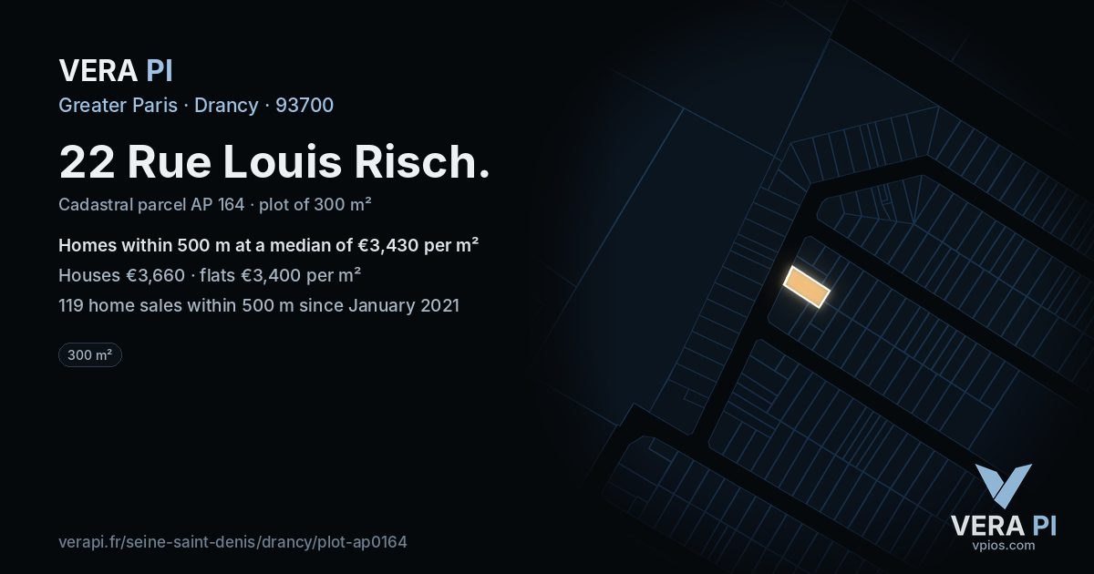 22 Rue Louis Risch, Drancy at night – the plot lit, the parcels around coloured by the prices near them