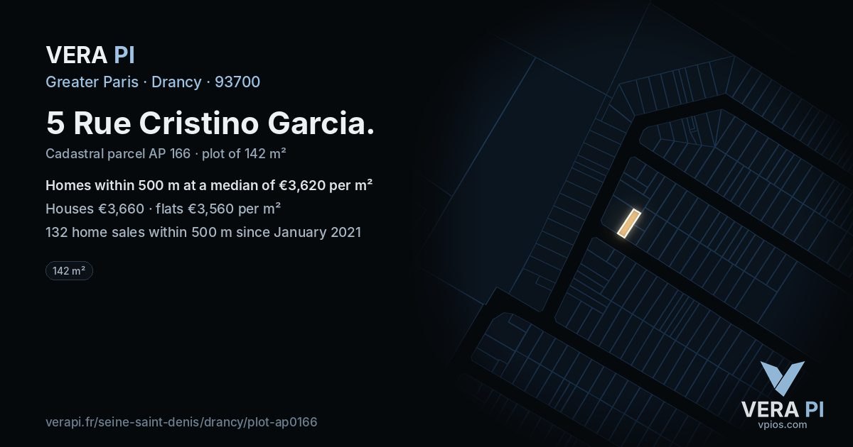 5 Rue Cristino Garcia, Drancy at night – the plot lit, the parcels around coloured by the prices near them