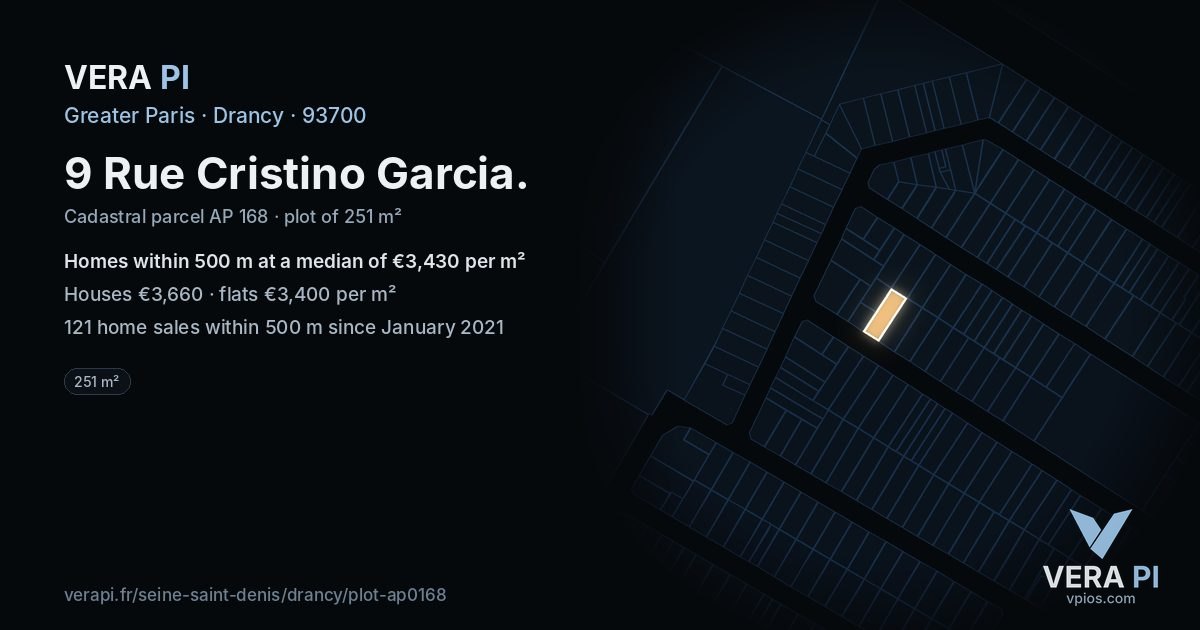 9 Rue Cristino Garcia, Drancy at night – the plot lit, the parcels around coloured by the prices near them