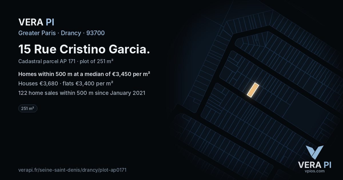 15 Rue Cristino Garcia, Drancy at night – the plot lit, the parcels around coloured by the prices near them