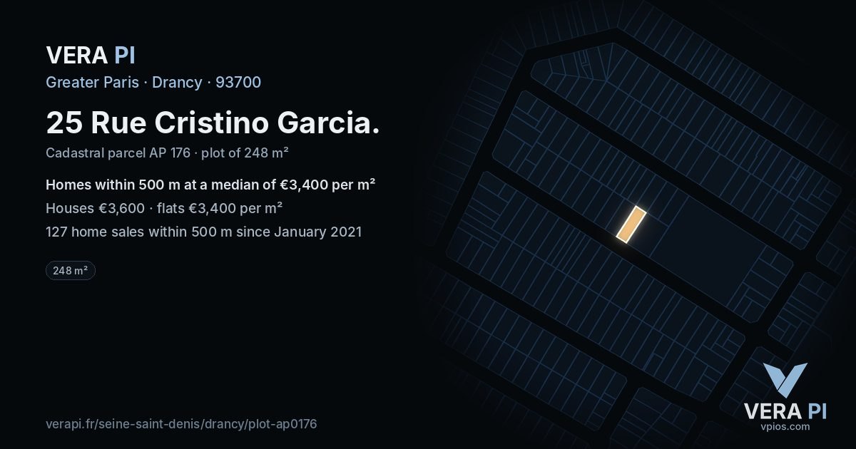 25 Rue Cristino Garcia, Drancy at night – the plot lit, the parcels around coloured by the prices near them