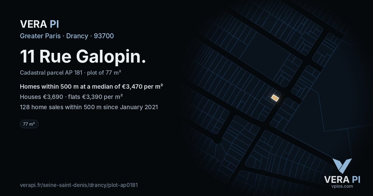11 Rue Galopin, Drancy at night – the plot lit, the parcels around coloured by the prices near them