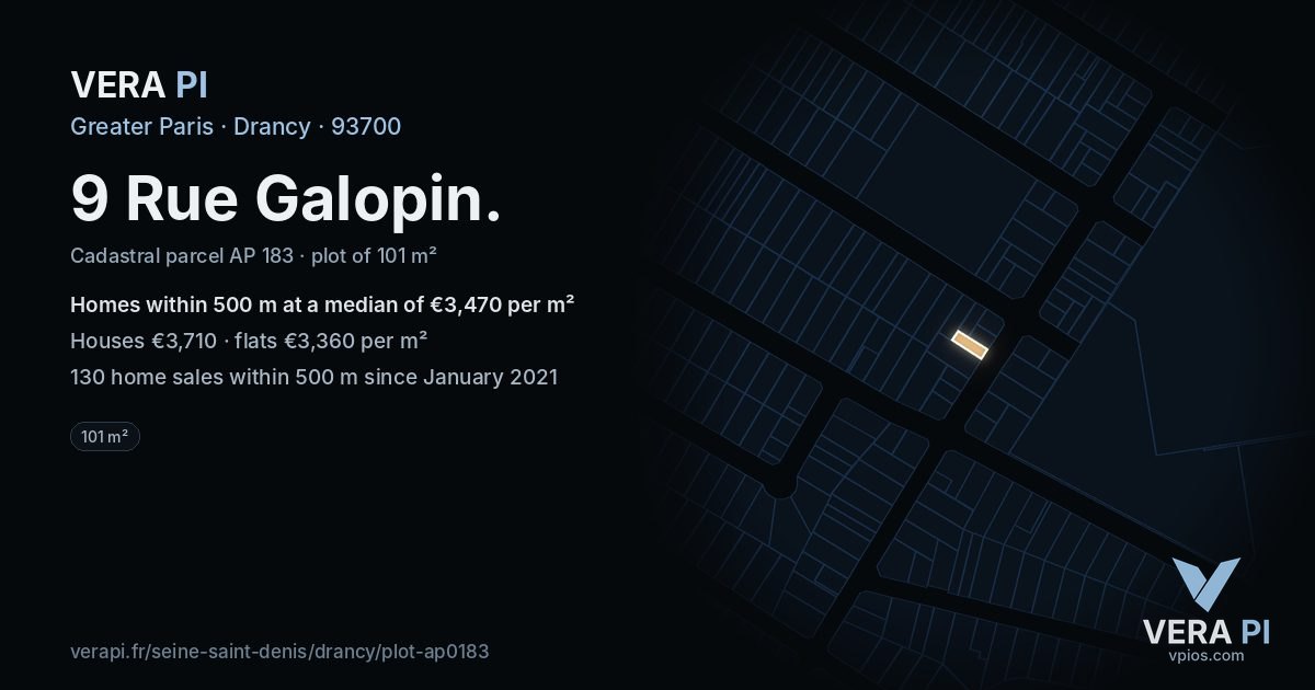 9 Rue Galopin, Drancy at night – the plot lit, the parcels around coloured by the prices near them