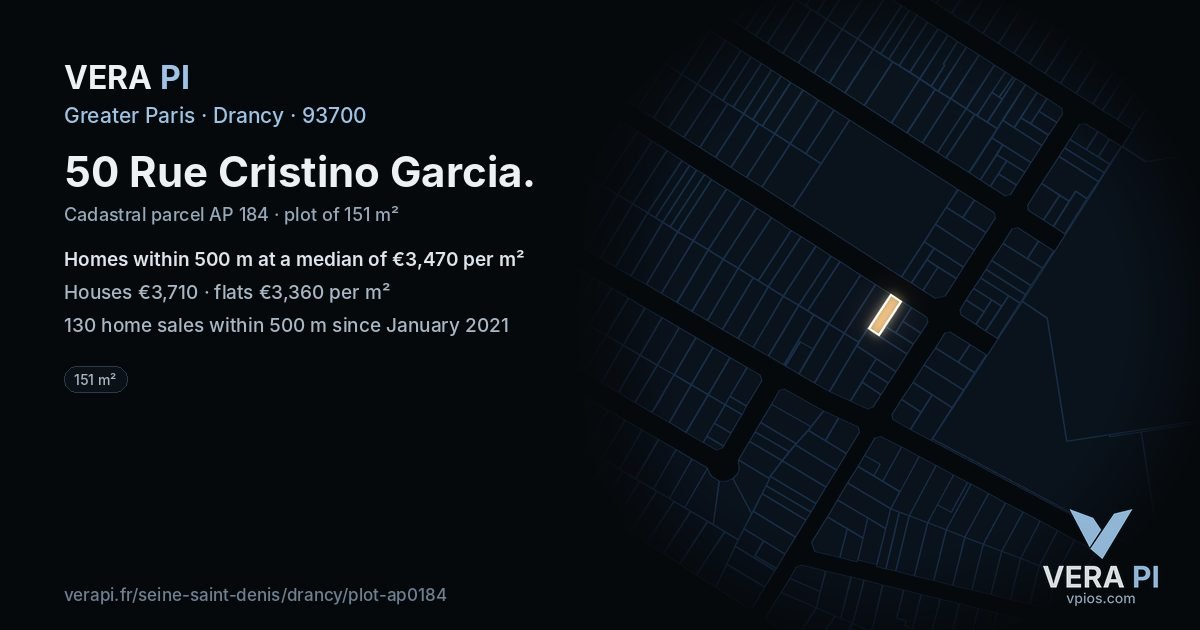 50 Rue Cristino Garcia, Drancy at night – the plot lit, the parcels around coloured by the prices near them
