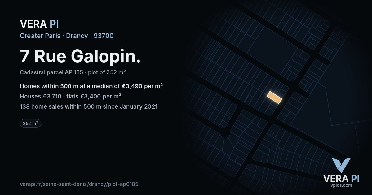 7 Rue Galopin, Drancy at night – the plot lit, the parcels around coloured by the prices near them